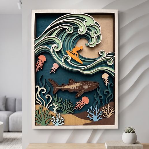MD394 - Shark Surfer Ocean Wave Layered Wood SVG, Whale Shark Laser Cut File, Surfing Sea Life Wall Art, Glowforge CNC DXF AI PDF