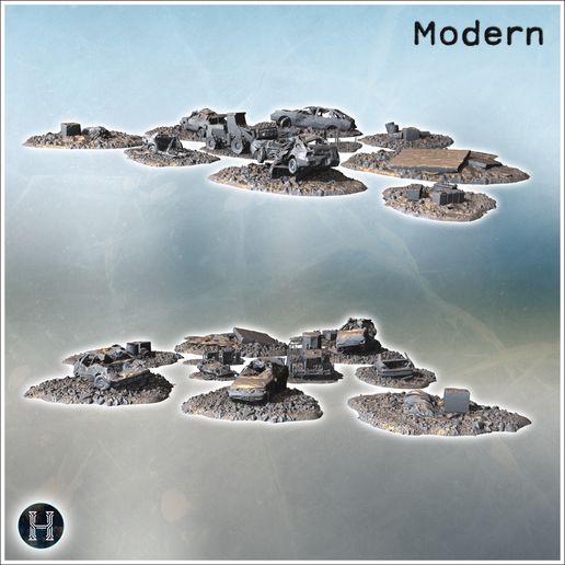 Damaged vehicles scattered across debris-filled terrain, including wrecked cars and machinery (1) - Modern WW2 WW1 World War Diaroma Wargaming RPG Mini Hobby