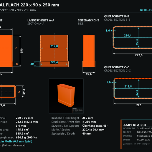 Flachkanal mit Muffe 220x90 mm, 250 mm lang – Lüftungskanal zum Stecken, ohne Stützen
