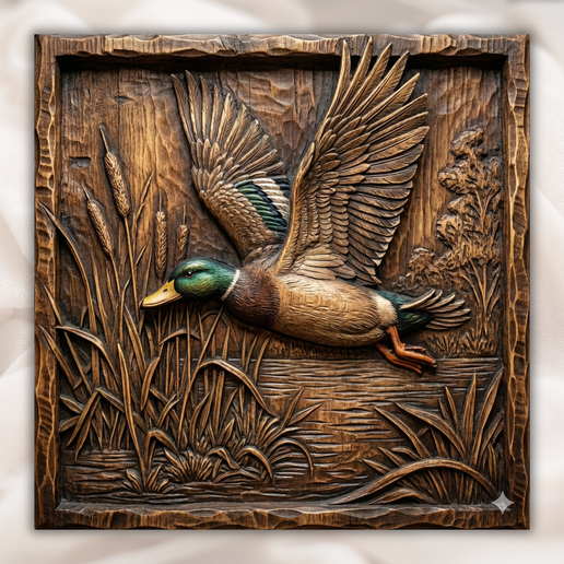 🦆 Flying Mallard Duck 3D Relief STL | Wood Grain Carving Panel | CNC ...