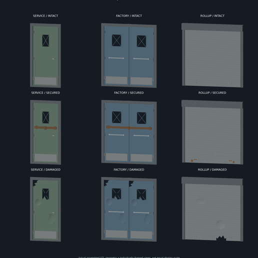 Industrial Doors 1:12 — Service, Factory & Roll-Up (52 Parts, Intact/Secured/Damaged)
