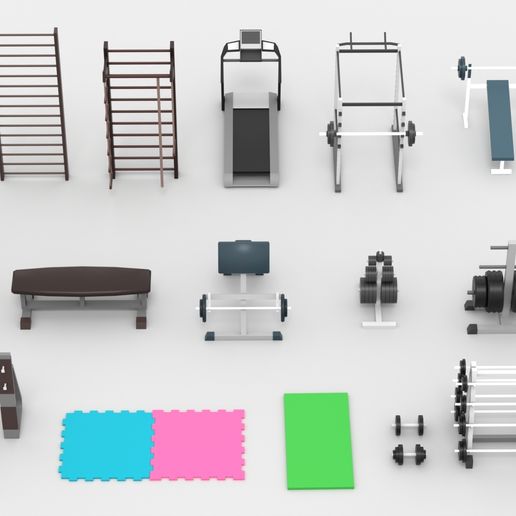 Gym Equipment 3D Model Pack | STL Printable Fitness Machines & Weights | Miniature Workout Props