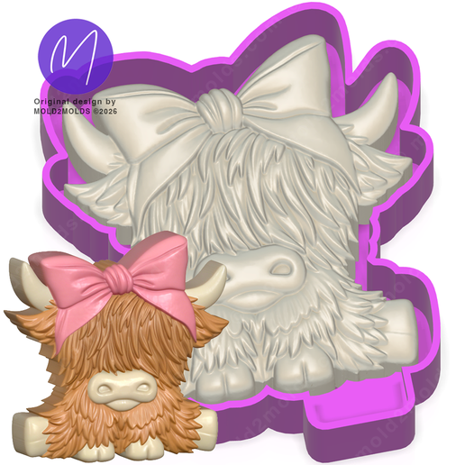 3D Cute Baby Highland cow with bow Freshie STL Mold Housing
