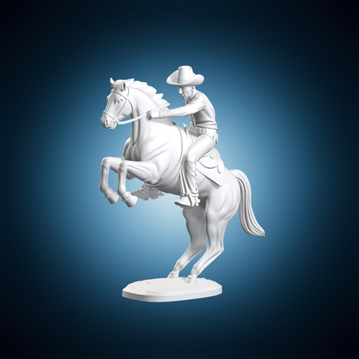 Cowboy Riding Rearing Horse Statue