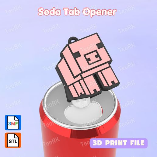 Soda Tab Opener MINECRAFT PIG Keychain - STL 3MF pre-painted - Soda can Opener