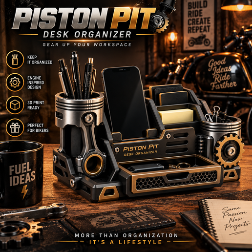 Piston Pit – Motorcycle Engine Desk Organizer, Phone Stand & Pen Holder STL