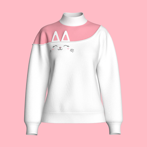 Girls Cat Print High Neck Sweatshirt | Marvelous / Clo3d / obj / fbx