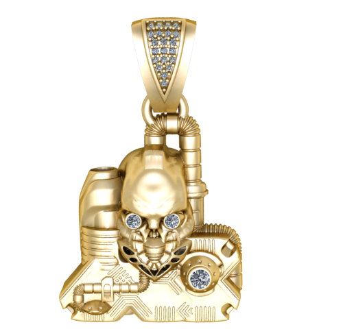 Primary: Cybernetic Skull Industrial Gold Pendant  Alternative: Bio-Mechanical Reaper Jewelry 3D Model  Alternative: Steampunk Tech-Skull Diamond