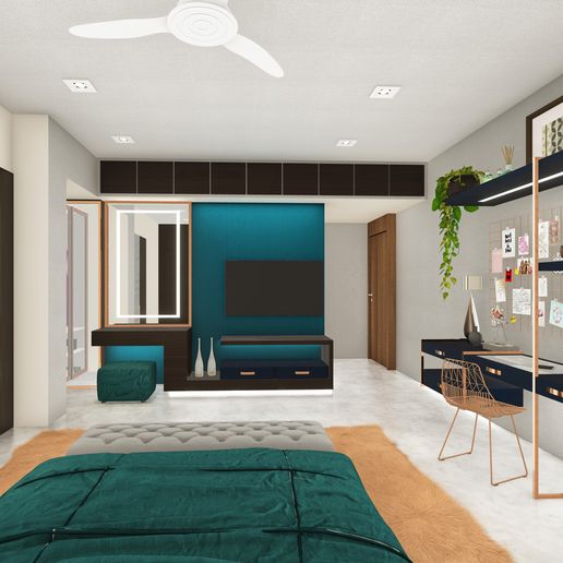 Archivo STL Escena interior de un dormitorio con zona de estudio y ...