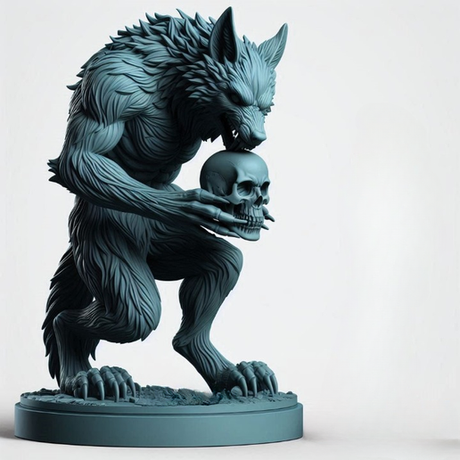 3646 Werewolf Howling with Skull - Minimalist Statue, magic, dragon, serpent, mask, gnome, gorgon, venetian carnival, wild, fox, monster, cat, fair, witch, werewolf, horror, beast, snake, troll, skeleton, STL