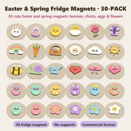 Easter & Spring Fridge Magnets 30-Pack – Kawaii Bunny, Chick, Easter Eggs, Tulip, Lamb & More, 2 Colors, No Supports