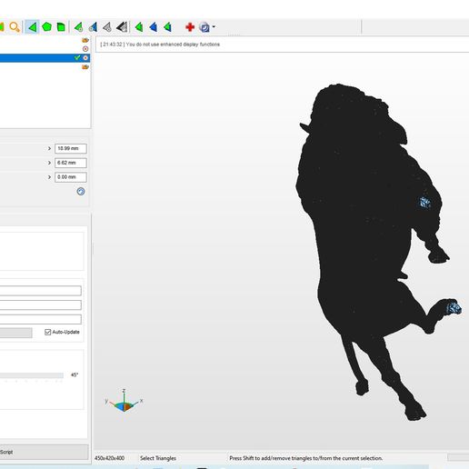 IN Autodesk Netfabb 2018.1 - Merged Auroch2_11_SubTool1.fabbproject = *ABS® AOGAGHA O |\4Onl4d4diaaq #Q- a & m4 pea. You do not use enhanced display functions ® ® (100%) Merged Auroch_11_SubToolt ® Part Repair vo ices oe Cp Pianes Frame x: a Né a z a [transparent cuts Status Actions Repair Scripts View status Mesh cosed ) Mesh oventes 4 Statistics Edges: [1950959 | Bordertages: [0 ] Triangles: [7905906 ]tw Orientation. [0 ] shes [7 (tts: [p ] Update Highiohing itoles Atrianaies Edges fom u 4s Degenerated Faces. Apply Repair Run Repair Serpe 450x420x400 ‘Select Triangles Press Shift to add/remove triangles to/from the current selection. Bison 3D print model