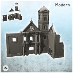 1-PREM.jpg STL file Neoclassical monastery in ruins with pediment and bell tower (10) - Modern WW2 WW1 World War Diaroma Wargaming RPG・3D print model to download