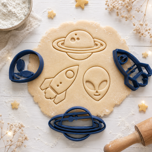 space_set_cookie_cutter_00.png Set d'emporte-pièces sur le thème de l'espace ; "Alien - Rocket - Ringed Planet", cadeau pour les amoureux de l'espace, outil à pâtisserie, fichier STL 3D à télécharger.