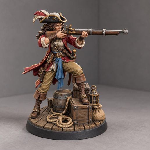 Pirate Sharpshooter Figure STL File, 3D Printable Pirate Marksman Statue with Dock Base