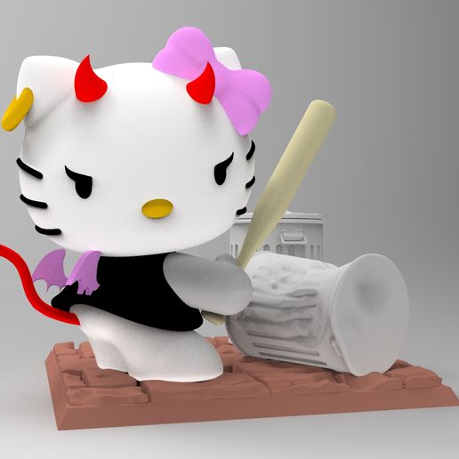Bad Hello Kitty hitting garbage cans 3D print model 3D model