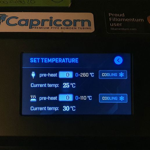 Lael le| Fillamentum Etat amas © Cees 0 Mees nem sce ca Current temp: 25°C (0 Jain Current temp: 30°C Ender 5 Plus - LCD Screen Dark Theme v 1.0