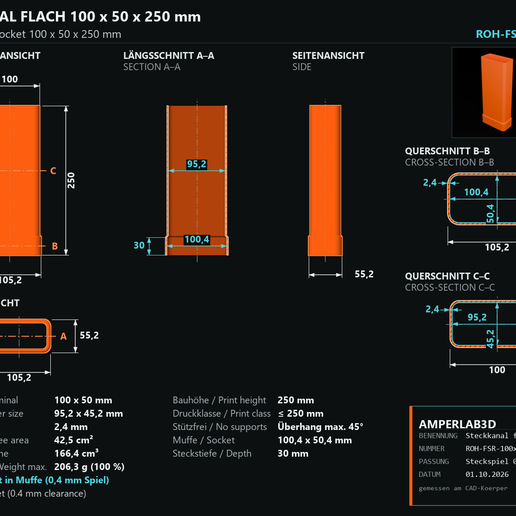 Flachkanal mit Muffe 100x50 mm, 250 mm lang – Lüftungskanal zum Stecken, ohne Stützen