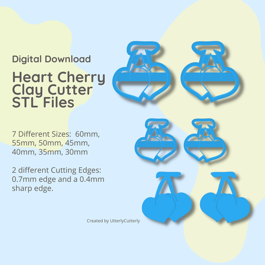 Heart Cherry Clay Cutter - STL Digital File Download- 7 sizes and 2 Cutter Versions 3D model