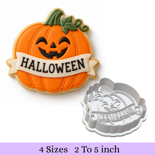 Pumpkin with Banner Cookie Cutter + Stamp – 4 Sizes
