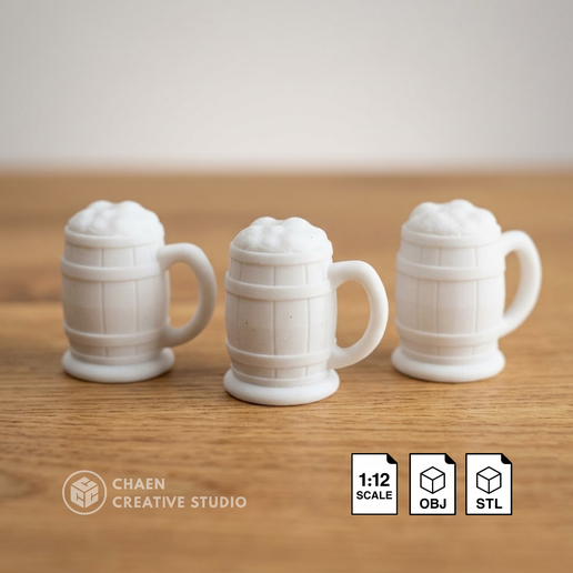 Dollhouse Tavern-style Wooden Mug with Butterbeer for Wizard Academy - 1:12 Scale - STL OBJ - VV-HP-045