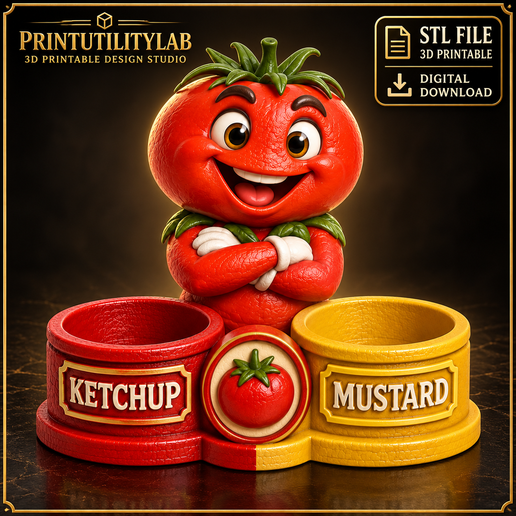 Funny Tomato Ketchup & Mustard Holder STL – Kitchen Condiment Organizer – 3D Printable Design