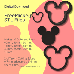 Digital Download FreeMickey STL Files Makes 10 Different Sizes: 60mm, 55mm, 50mm, 45mm, 40mm, 35mm, 30mm, 25mm, 20mm, 15mm. 2 different Cutting Edges: 0.7mm edge anda0.4mm sharp edge Created by UtterlyCutterly Free 3D file Mickey Clay Cutter - Mouse STL Digital File Download- 10 sizes and 2 Cutter Versions・Template to download and 3D print, UtterlyCutterly