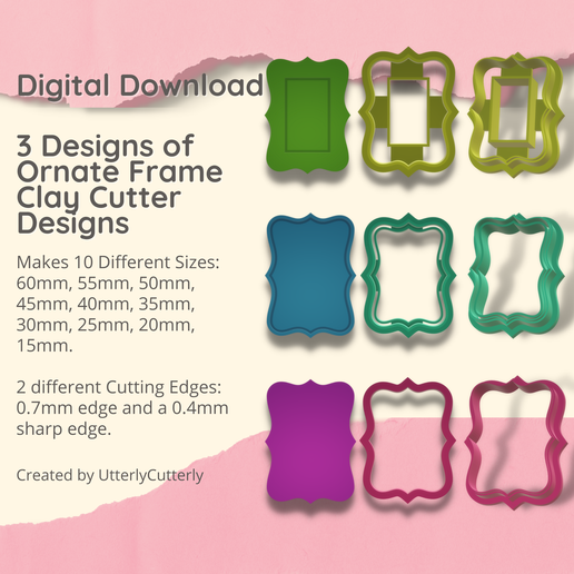 Ornate Frame 1, 2 & 3 Clay Cutter - Jewelry Earring STL Digital File Download- 10 sizes and 2 Cutter Versions
