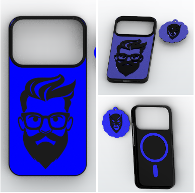 3D Printable Bearded Man Graphic Protective Phone Case with Magnetic Alignment Cavity and Matching Mask Keychain Digital Files