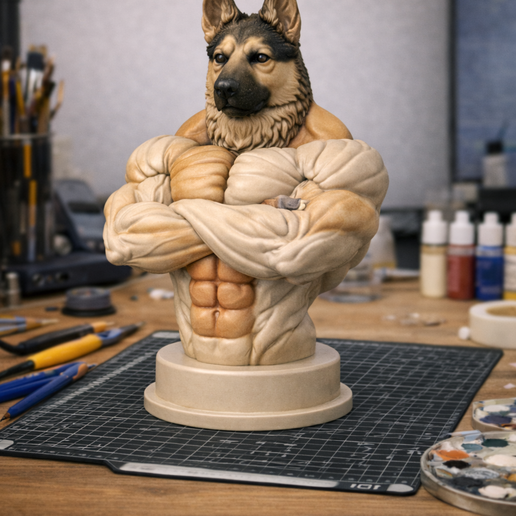 German Shepherd Bodybuilder Bust STL – Muscular Dog Sculpture for 3D Printing | Unpainted Display Model