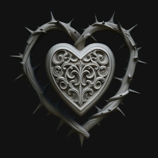 Crowned Thorn Heart Relief Statue Design 2 - 3D Print Model