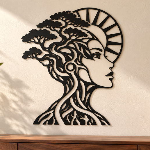 Sun and bonsai woman wall art, SVG DXF laser cut files and flat STL model