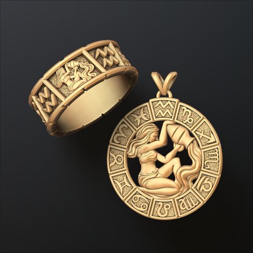 Horoscope Aquarius Ring Pendant v2 Collection 3D model