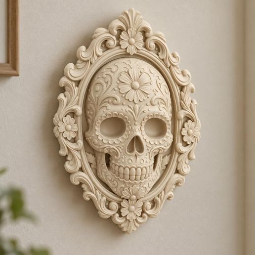 Floral Sugar Skull Wall Plaque STL, Ornate Skull Portrait Relief 3D Print File, Gothic Wall Art
