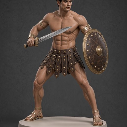 Guerrier antique avec épée et bouclier — Léandre, le Gardien de bronze — Figurine STL 10 et 20 cm