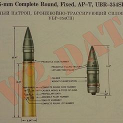 76-mm Complete Round, Fixed, AP-T, UBR-354SP (76-MM YHUTAPHHIM WATPOH, BPOHEBOMHO-TPACCHPVIOMNMM CHIOMHON, UH TEKC YBP-354Cll) PROJECTILE FILLING FACTORY: a 1.10" LOT AND YEAR FILLED CALIBER WEIGHT CLASSIFICATION 6 ~—CALIBER, MODEL & TYPES OF GUNS { G Bip | ~<—PROPELLANT DATA — i 65" \ 5] | ASSEMBLY PLANT NUMBER 4 ‘YEAR OF ASSEMBLY (OMPLETE ROUND LOT NUMBER Free STL file 1/35 76.2mm Cartridge・3D printing template to download