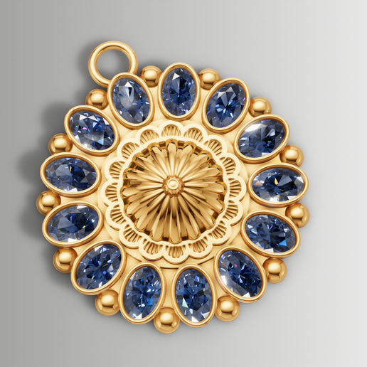 4.png Big Oval Stein Blume Anhänger Sunburst Center Design