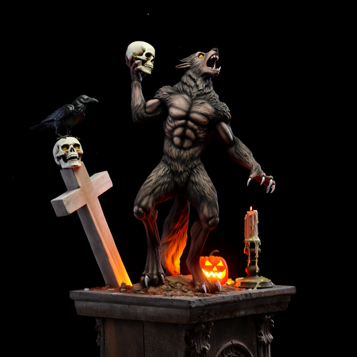 3628 Werewolf Howling with Skull - Minimalist Statue, witch, werewolf, character, 3d, magic, monster, gothic, stl, skeleton, skull, minimalist, 3dmodel, 3dprint, 3dtalk, figurine, collectible, fantasy, dragon, decorative, STL