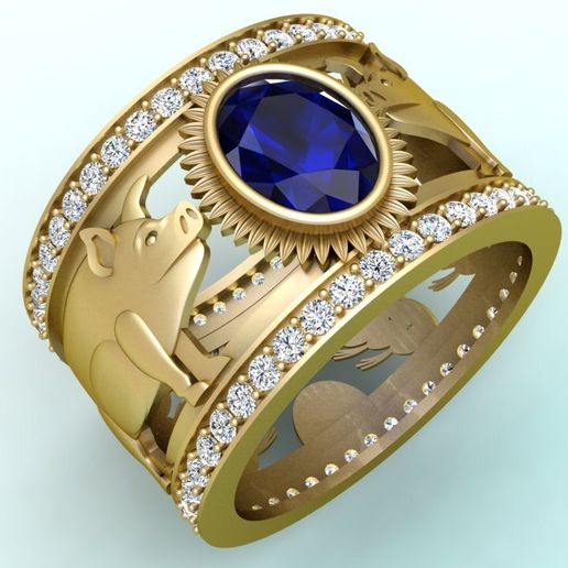 💍 Double Pigs ring - Pig ring - Oval stone ring - Mens ring - N727・ STL ...