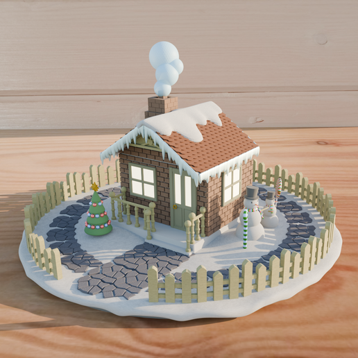 scene.png 圣诞场景与细节。姜饼人、圣诞树、雪人、圣诞屋、雪、路径、栅栏、节日。