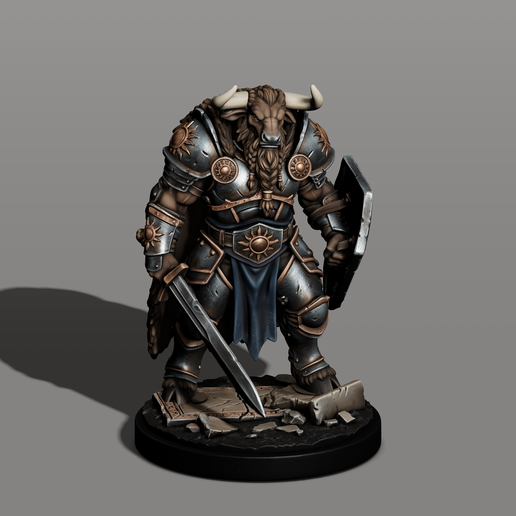 Minotaur Paladin Miniature with Sword and Shield – Fallen Temple Guardian – Fantasy RPG STL Model