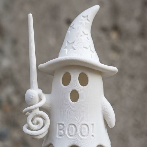Cute Ghost Wizard with Magic Wand and BOO Text