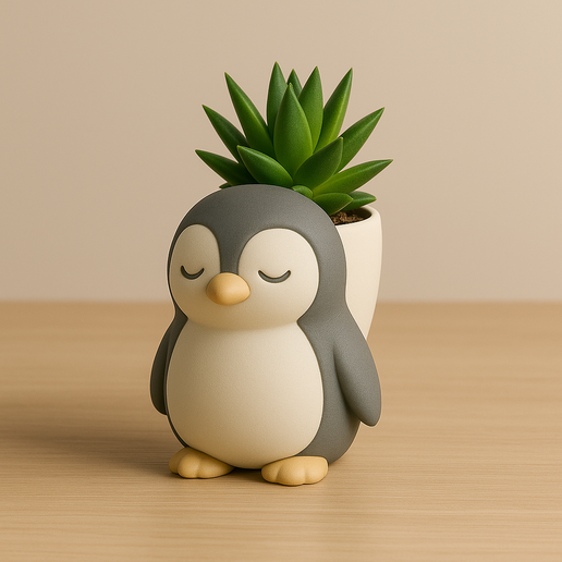 Kawaii Penguin Flower Pot - Adorable penguin shaped flower pot for 3D printing (STL) matte ceramic style - 3D model önizlemesi