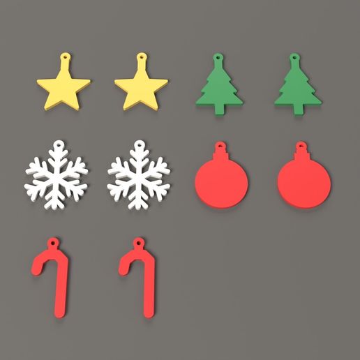 Christmas Earrings – 5 Pairs: Star, Tree, Snowflake, Bauble, Candy Cane (No Supports)