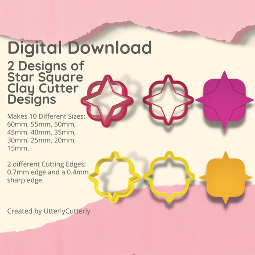 Star Square 1 & 2 Clay Cutter - STL Digital File Download- 10 sizes and 2 Cutter Versions 3D model