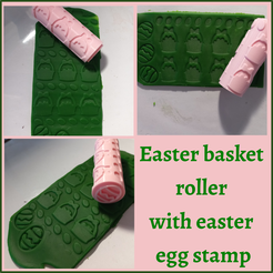 basket-roller-with-egg-stamp.png Archivo STL gratuito CESTA DE PASCUA RODILLOS TEXTURIZADOS - CON RELIEVE, SIN RELIEVE - PARA GALLETAS, PASTELERÍA, PLASTILINA Y FONDANT・Objeto imprimible en 3D para descargar