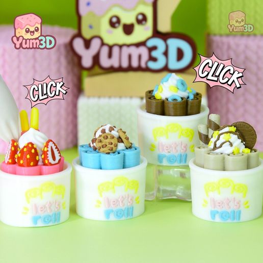 Yum3D Ice Cream Roll Cups Set of Clicker Keychains - Cute Backpack Keychain