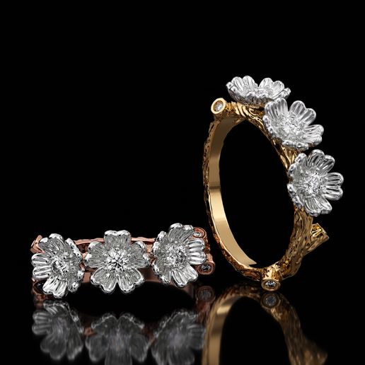 Engagement ring with three daisy flowers and twig branch band 3D print model