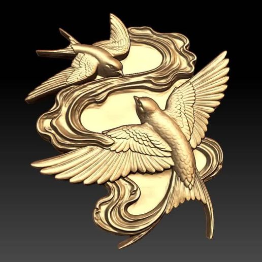 Two Flying Cranes with Swirling Clouds Relief STL | Deep & Shallow Set
