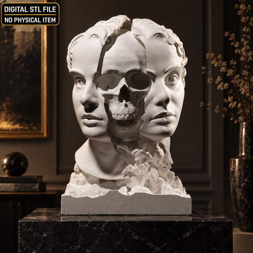 Split Face Skull Bust – Surreal Memento Mori Sculpture